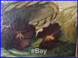 Antique Signed 1903 Original Pansies Floral Framed Oil Painting