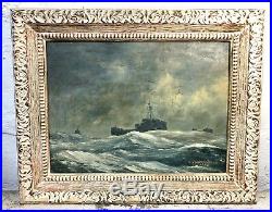 Antique Signed S Christensen Nautical Oil Painting Sea Ship Boat Primitive VTG