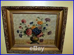 Antique VINTAGE Original Petry Oil Canvas Painting Blue Red Orange Flower Vase