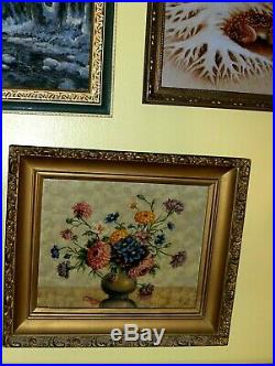 Antique VINTAGE Original Petry Oil Canvas Painting Blue Red Orange Flower Vase