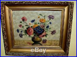 Antique VINTAGE Original Petry Oil Canvas Painting Blue Red Orange Flower Vase