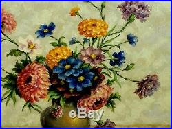 Antique VINTAGE Original Petry Oil Canvas Painting Blue Red Orange Flower Vase