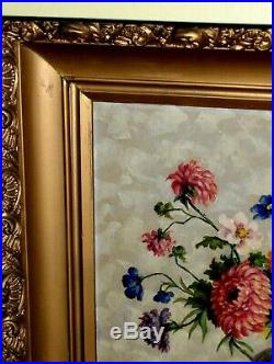 Antique VINTAGE Original Petry Oil Canvas Painting Blue Red Orange Flower Vase