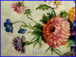 Antique VINTAGE Original Petry Oil Canvas Painting Blue Red Orange Flower Vase