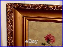 Antique VINTAGE Original Petry Oil Canvas Painting Blue Red Orange Flower Vase