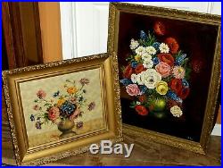 Antique VINTAGE Original Petry Oil Canvas Painting Blue Red Orange Flower Vase