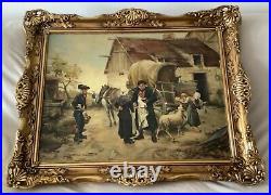 Antique Village Scene Oil on Canvas Painting 22 by 31 signed and framed