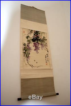 Antique / Vintage Chinese Scroll Painting Bees Grapes Wine Signed