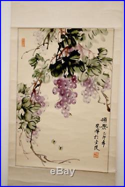 Antique / Vintage Chinese Scroll Painting Bees Grapes Wine Signed