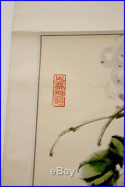 Antique / Vintage Chinese Scroll Painting Bees Grapes Wine Signed