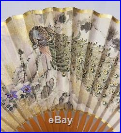 Antique Vintage Japanese SIgned Lacquered Fan Painting Landscape Peacock