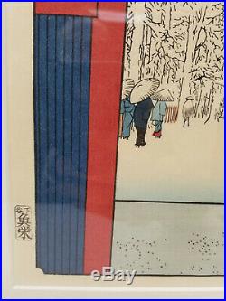 Antique Vintage Japanese Woodblock Print Temple Signed Framed