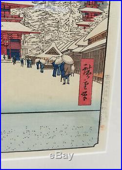 Antique Vintage Japanese Woodblock Print Temple Signed Framed