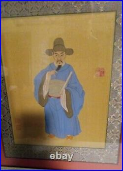 Antique Vintage Lot 3 Chinese Painting Silk Philosopher Men Signed Stamp