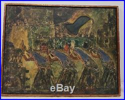 Antique Vintage MCM Egyptian Revival Oil Painting Masonite Signed Abstract