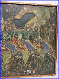 Antique Vintage MCM Egyptian Revival Oil Painting Masonite Signed Abstract