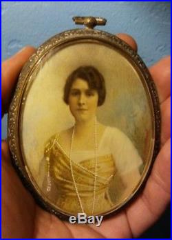Antique Vintage Miniature Portrait Painting Pretty Lady Signed A. Birnbon