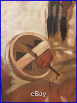 Antique Vintage Native American Indian Oil Painting Signed