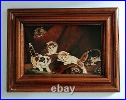 Antique Vintage Oil Painting Cats Kittens Playing in a Interior Scene Signed Art