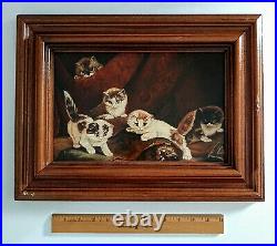 Antique Vintage Oil Painting Cats Kittens Playing in a Interior Scene Signed Art