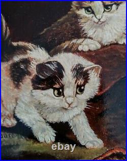 Antique Vintage Oil Painting Cats Kittens Playing in a Interior Scene Signed Art