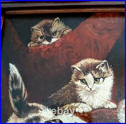 Antique Vintage Oil Painting Cats Kittens Playing in a Interior Scene Signed Art