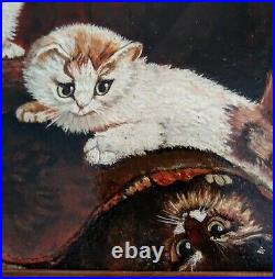 Antique Vintage Oil Painting Cats Kittens Playing in a Interior Scene Signed Art