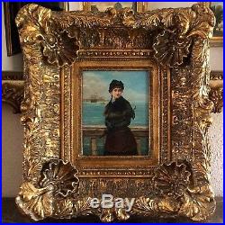 Antique Vintage Oil Painting Portrait of a French Woman In Harbor Signed Framed