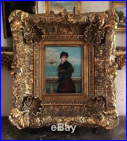 Antique Vintage Oil Painting Portrait of a French Woman In Harbor Signed Framed