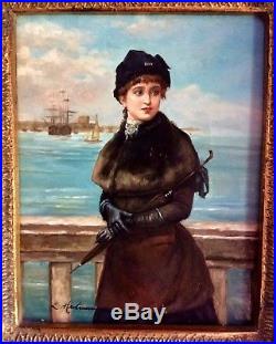 Antique Vintage Oil Painting Portrait of a French Woman In Harbor Signed Framed