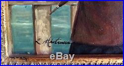 Antique Vintage Oil Painting Portrait of a French Woman In Harbor Signed Framed