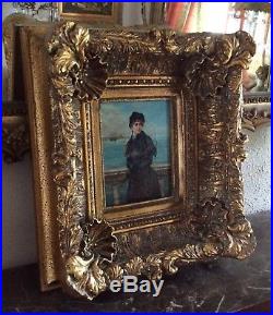 Antique Vintage Oil Painting Portrait of a French Woman In Harbor Signed Framed