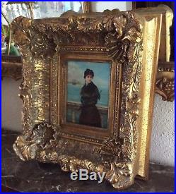 Antique Vintage Oil Painting Portrait of a French Woman In Harbor Signed Framed