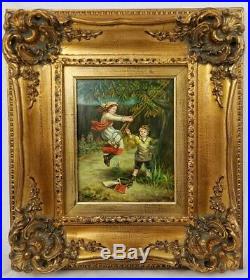 Antique Vintage Oil Painting boy pushing girl on swing Signed Framed