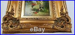 Antique Vintage Oil Painting boy pushing girl on swing Signed Framed