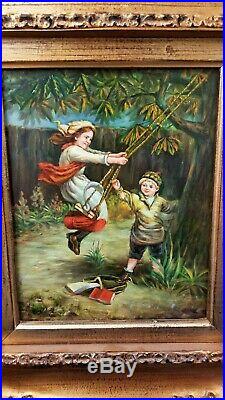 Antique Vintage Oil Painting boy pushing girl on swing Signed Framed