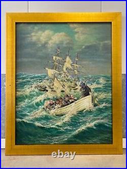 Antique Vintage Old WPA Nautical Sailor Seascape Oil Painting, Signed'40s