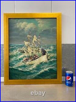 Antique Vintage Old WPA Nautical Sailor Seascape Oil Painting, Signed'40s