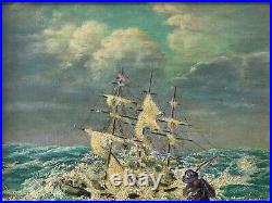 Antique Vintage Old WPA Nautical Sailor Seascape Oil Painting, Signed'40s