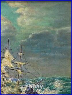 Antique Vintage Old WPA Nautical Sailor Seascape Oil Painting, Signed'40s