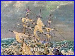 Antique Vintage Old WPA Nautical Sailor Seascape Oil Painting, Signed'40s