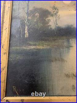 Antique Vintage Original Oil on Canvas Signed Landscape River Full Moon Camping