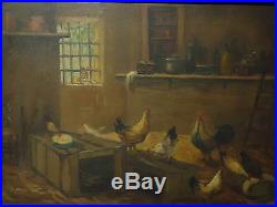 Antique Vintage Painting Folk Art Barn Scene Chicken Farm Signed