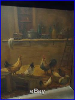 Antique Vintage Painting Folk Art Barn Scene Chicken Farm Signed