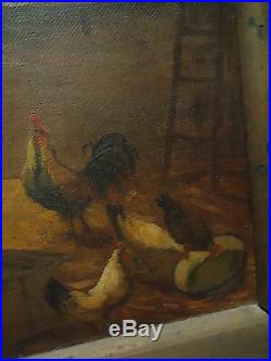 Antique Vintage Painting Folk Art Barn Scene Chicken Farm Signed