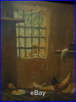 Antique Vintage Painting Folk Art Barn Scene Chicken Farm Signed