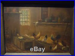 Antique Vintage Painting Folk Art Barn Scene Chicken Farm Signed