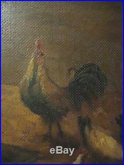 Antique Vintage Painting Folk Art Barn Scene Chicken Farm Signed