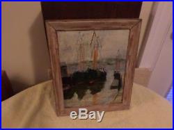 Antique / Vintage Sea Harbor Oil Painting On Board Framed -signed By Artist