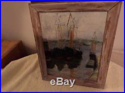 Antique / Vintage Sea Harbor Oil Painting On Board Framed -signed By Artist